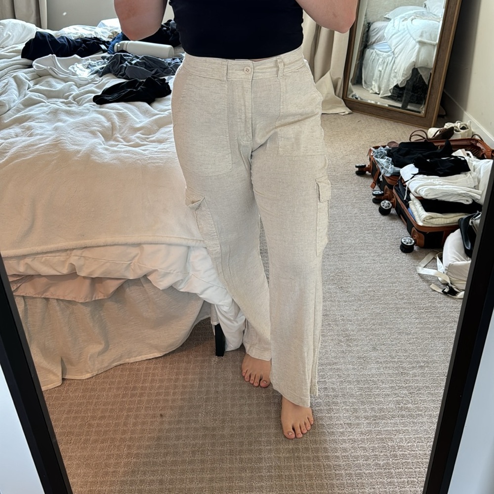 Cream linen cargo pants